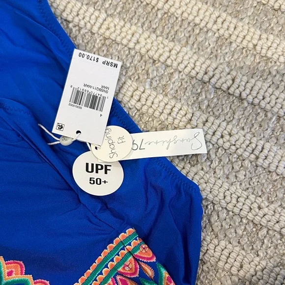 Vibrant Blue and Pink Patterned One Piece Swimsuit - Picture 2 of 5